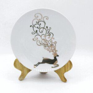 Set Of 4 Avon Porcelain Holiday Dessert Plates With Gold Accents - Reindeer Tree